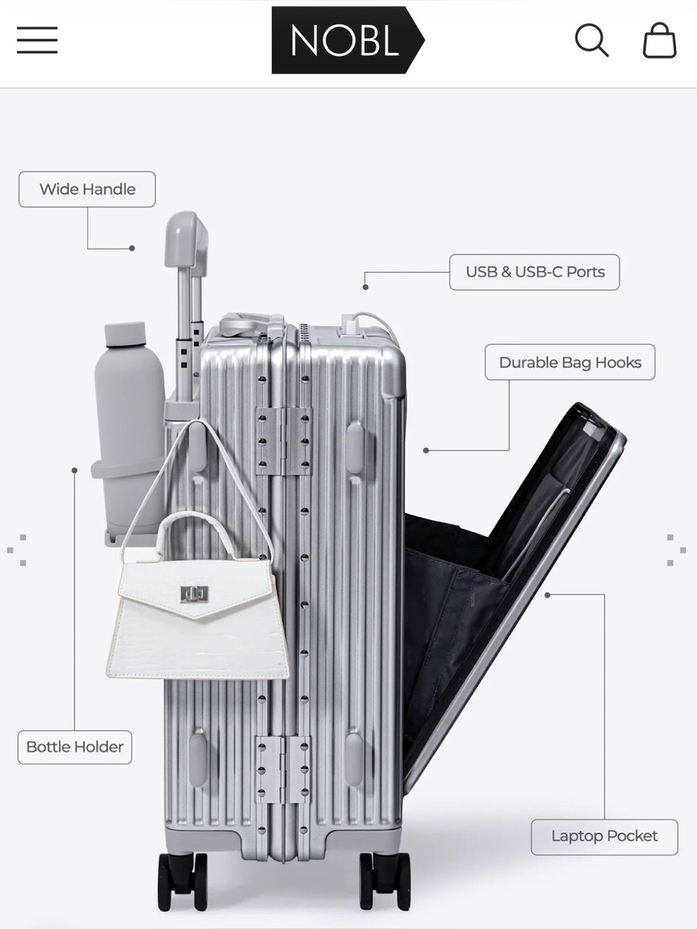 NOBL Silver Hard-Shell Carry-On luggage w/wide handle, Front Pocket, charger.NWT